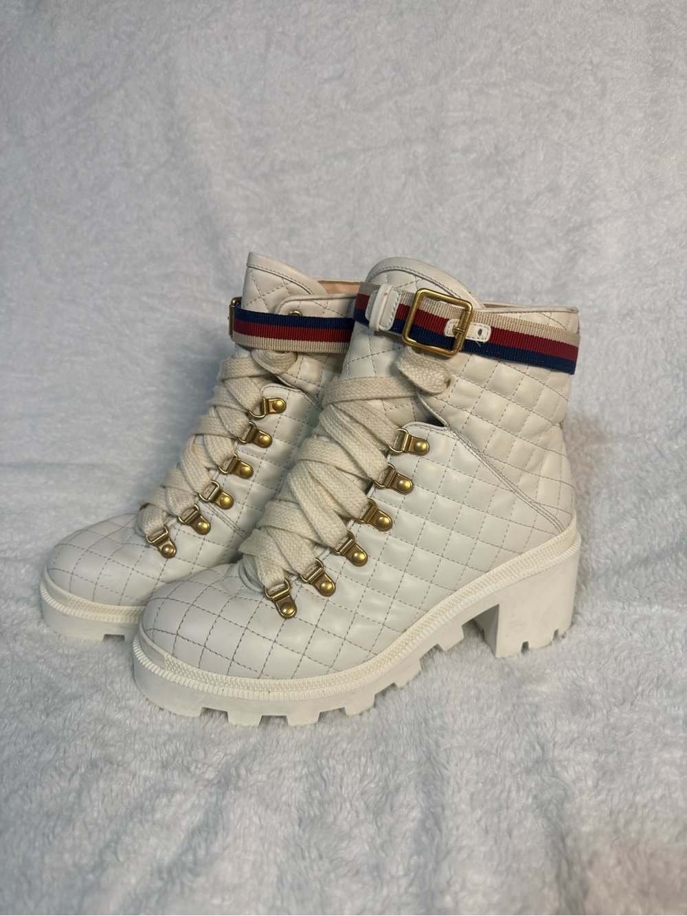 Gucci White Quilted Lace-Up Platform Ankle Boots with Red and Blue Stripe - Picture 7 of 16